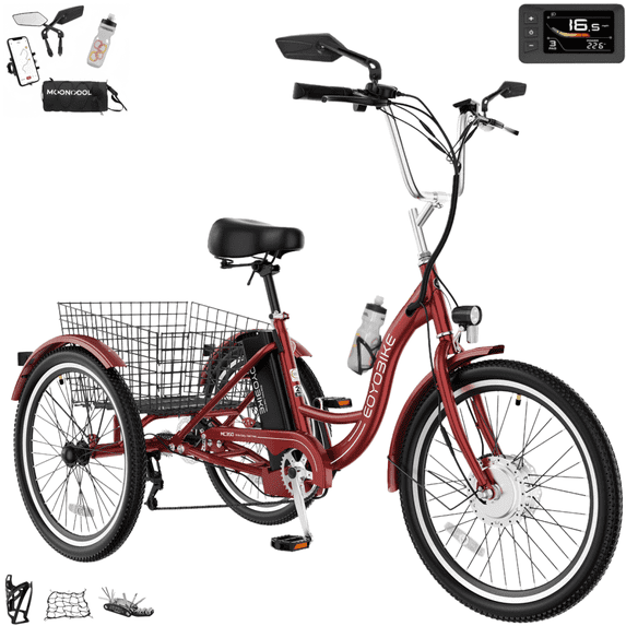 MOONCOOL Electric Trike for Adults w/ Rearview Mirror kit, 700W Peak Motor 10.4Ah battery,24"/26" 7 Speeds 3 Wheels Low Step Through Unisex Electric Trikes,35-60Miles
