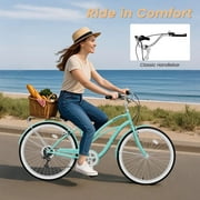 MOONCOOL 24/26 Inch 7 Speed Beach Cruiser Bike for Adults, Retro Step-Through Comfort Bicycle with Soft Foam Saddle, V-Brakes, Rear Rack & Fenders – Classic Cruiser for Women and Men