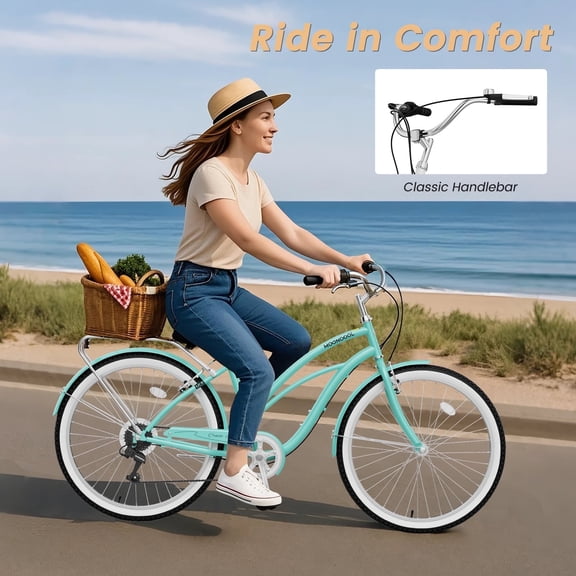 MOONCOOL 24/26 Inch 7 Speed Beach Cruiser Bike for Adults, Retro Step-Through Comfort Bicycle with Soft Foam Saddle, V-Brakes, Rear Rack & Fenders – Classic Cruiser for Women and Men