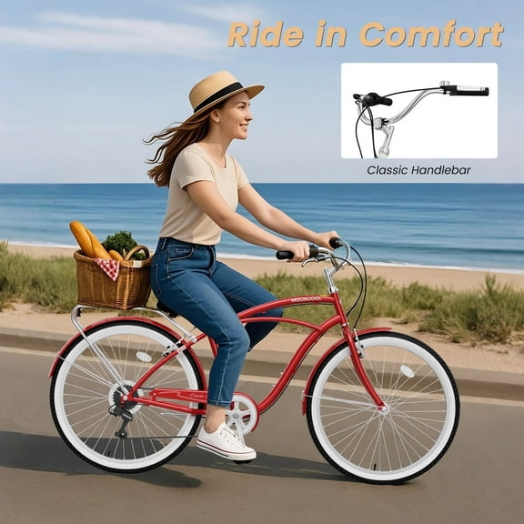 MOONCOOL 24/26 Inch 7 Speed Beach Cruiser Bike for Adults, Retro Step-Through Comfort Bicycle with Soft Foam Saddle, V-Brakes, Rear Rack & Fenders – Classic Cruiser for Women and Men