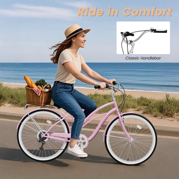 MOONCOOL 24/26 Inch 7 Speed Beach Cruiser Bike for Adults, Retro Step-Through Comfort Bicycle with Soft Foam Saddle, V-Brakes, Rear Rack & Fenders – Classic Cruiser for Women and Men