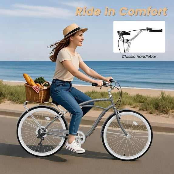 MOONCOOL 24/26 Inch 7 Speed Beach Cruiser Bike for Adults, Retro Step-Through Comfort Bicycle with Soft Foam Saddle, V-Brakes, Rear Rack & Fenders – Classic Cruiser for Women and Men