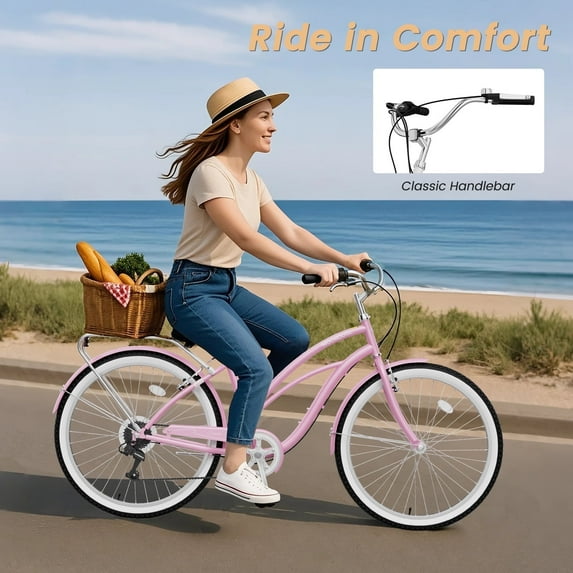 MOONCOOL 24/26 Inch 7 Speed Beach Cruiser Bike for Adults, Retro Step-Through Comfort Bicycle with Soft Foam Saddle, V-Brakes, Rear Rack & Fenders – Classic Cruiser for Women and Men