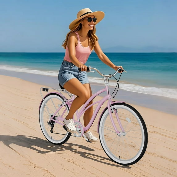 MOONCOOL 24/26 Inch Beach Cruiser Bike, 7 Speed Step-Through Frame Adult Bicycle, City Bike Commuter Bicycle with Front & Rear Fenders, Rear Cargo Rack for Men, Women