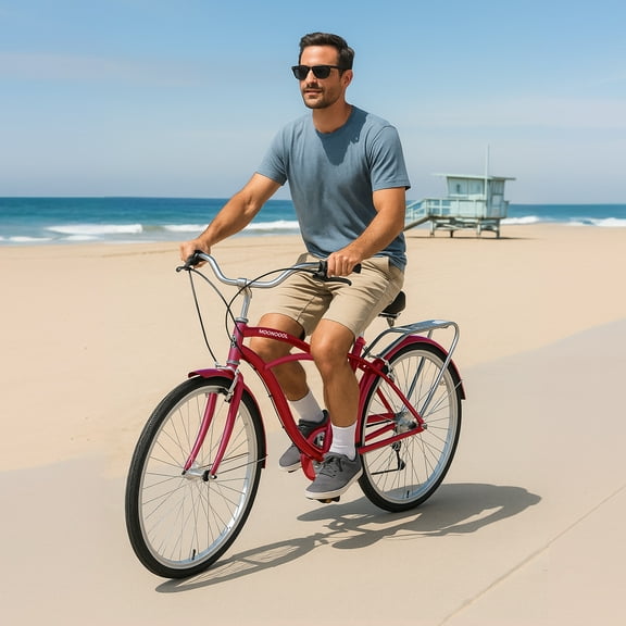 MOONCOOL 24/26 Inch Beach Cruiser Bike, 7 Speed Step-Through Frame Adult Bicycle, City Bike Commuter Bicycle with Front & Rear Fenders, Rear Cargo Rack for Men, Women
