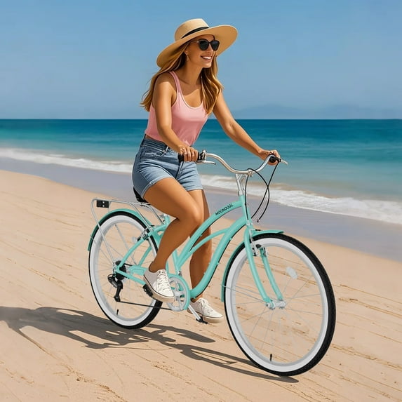 MOONCOOL 24/26 Inch Beach Cruiser Bike, 7 Speed Step-Through Frame Adult Bicycle, City Bike Commuter Bicycle with Front & Rear Fenders, Rear Cargo Rack for Men, Women