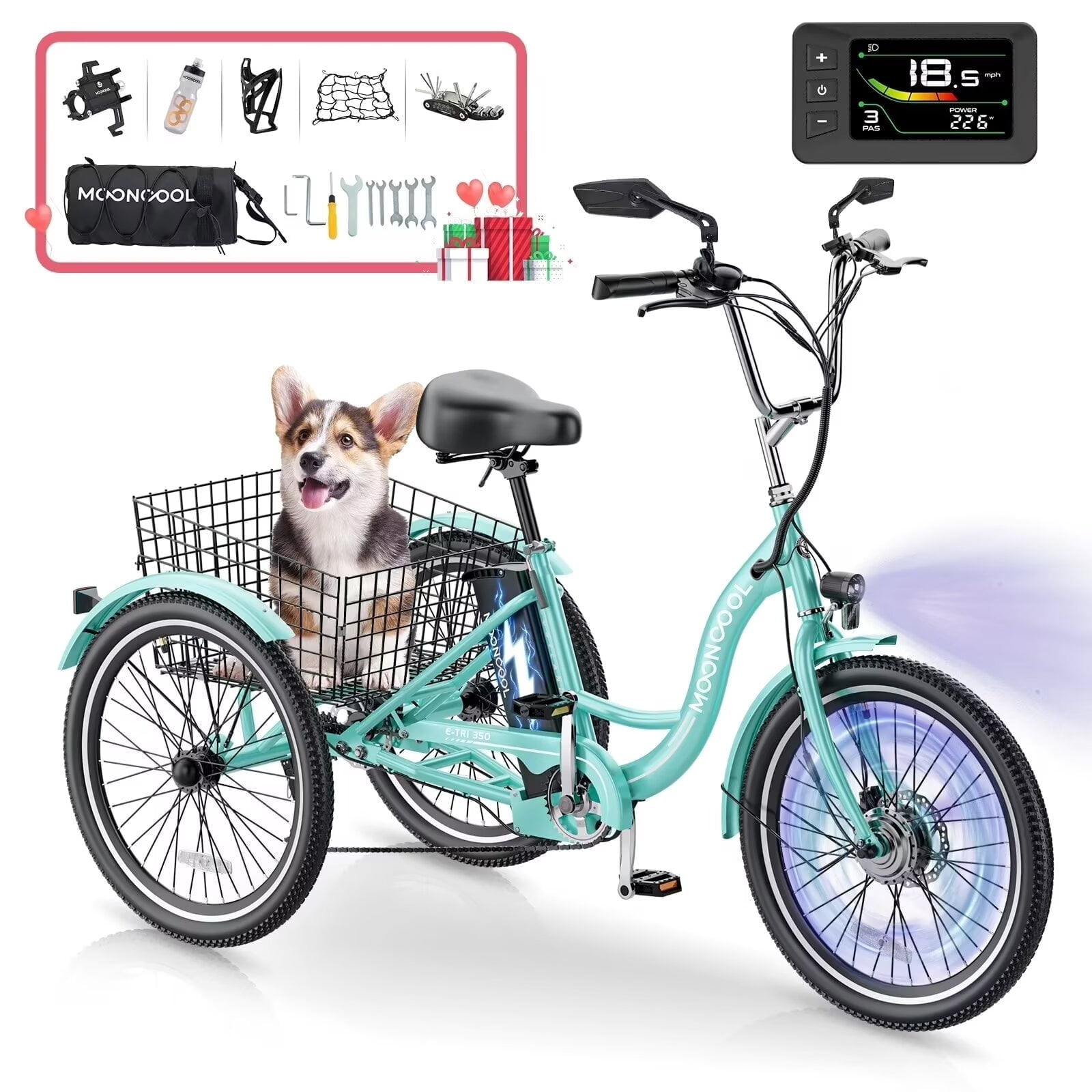 MOONCOOL 24" Electric Tricycle for Adults, 350W 36V 7 Speeds Electric Trike, 3 Wheels Adult Electric Tricycle Bicycle with Large Basket & Tool Kits