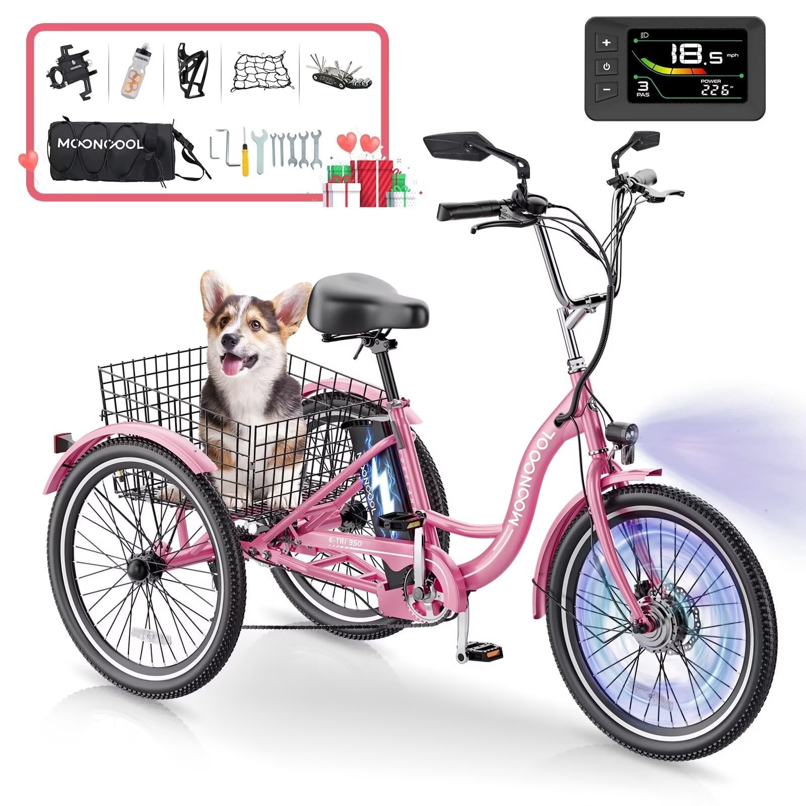 MOONCOOL 24" Electric Tricycle for Adults, 350W 36V 7 Speeds Electric Trike, 3 Wheels Adult Electric Tricycle Bicycle with Large Basket & Tool Kits
