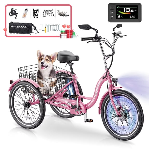 MOONCOOL 24" Electric Tricycle for Adults, 350W 36V 7 Speeds Electric Trike, 3 Wheels Adult Electric Tricycle Bicycle with Large Basket & Tool Kits