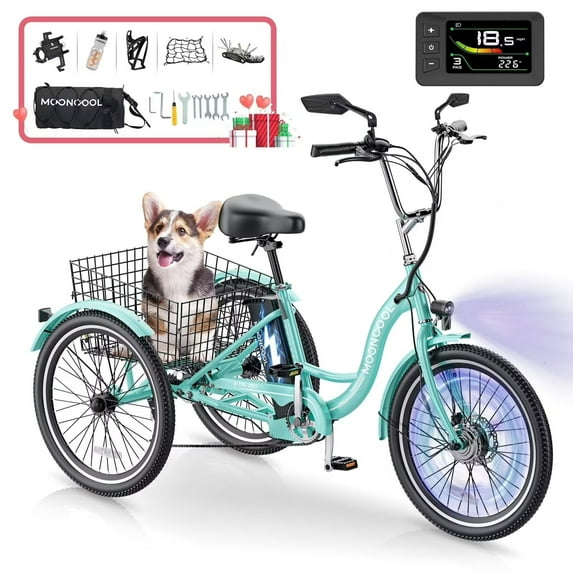 MOONCOOL 24" Electric Tricycle for Adults, 350W 36V 7 Speeds Electric Trike, 3 Wheels Adult Electric Tricycle Bicycle with Large Basket & Tool Kits, Certified to UL 2849 by SGS