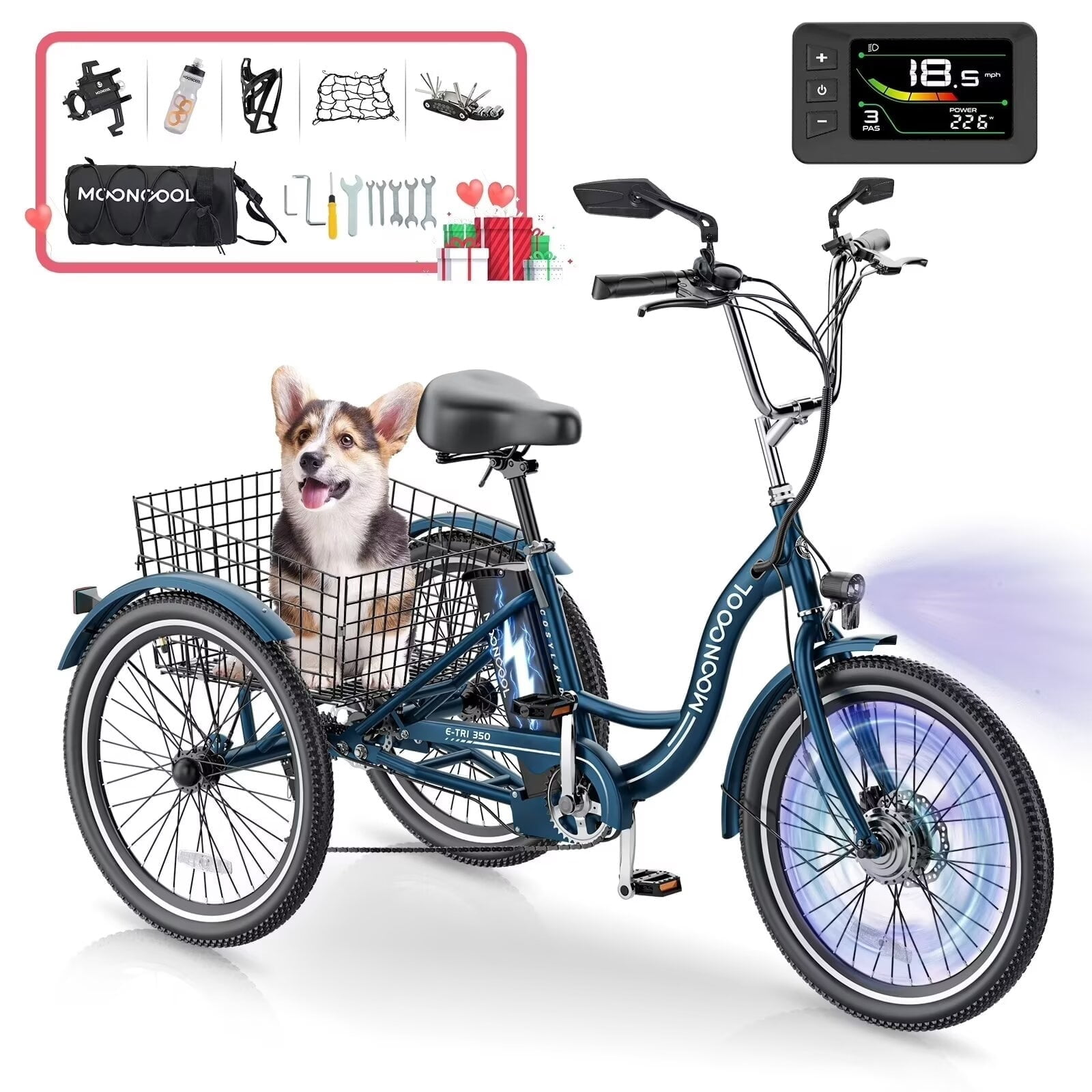 MOONCOOL 24" Electric Tricycle for Adults, 350W 36V 7 Speeds Electric Trike, 3 Wheels Adult Electric Tricycle Bicycle with Large Basket & Tool Kits