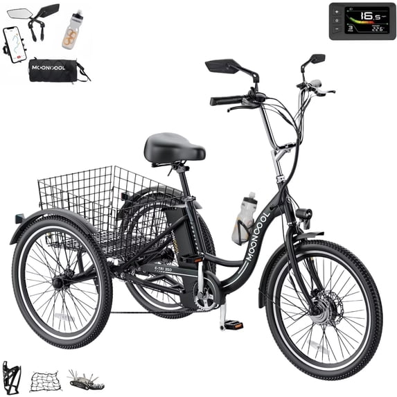 MOONCOOL Electric Trike for Adults w/ Rearview Mirror kit, 700W Peak Motor 10.4Ah battery,24"/26" 7 Speeds 3 Wheels Low Step Through Unisex Electric Trikes,35-60Miles