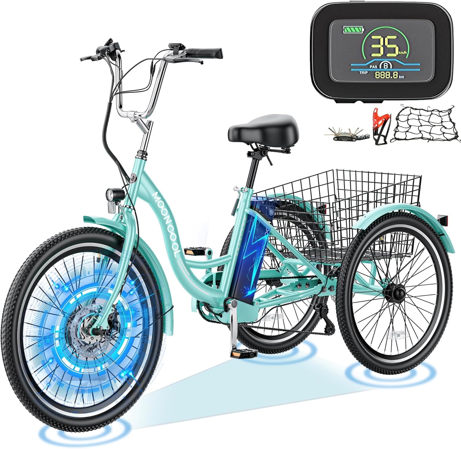 "MOONCOOL 350W Electric Trike for Seniors, 3-Wheel E-Bike with 7 Speed, 36V 14.5Ah Battery, 24"" Wheel, Rear Basket"