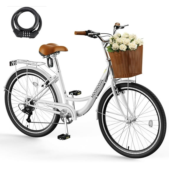 MOONCOOL 7 Speed Beach Cruiser Bike for Adults, 24 26 inch Womens Bike Commute Bicycle, Cruiser Bike with Basket & Rack, Retro Step Through City Bikes w/ Lock