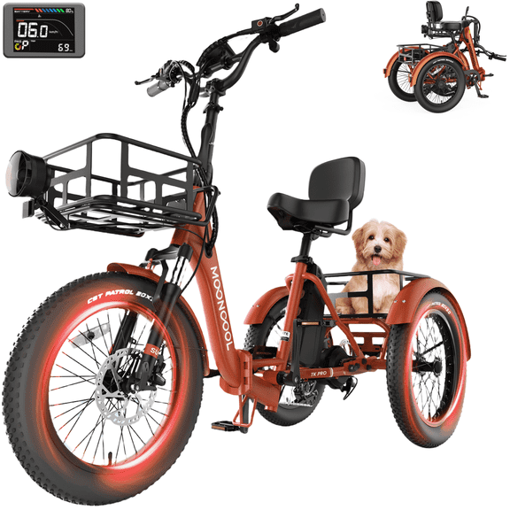 MOONCOOL 750W Foldable Electric Mountain Tricycle for Adult, 6 Speed 20x3.0 In Fat Tire 3Wheel Electric Bike, 48V Removable Battery, Motorized Trike w/Front & Rear Basket, Certified to UL 2849 by SGS