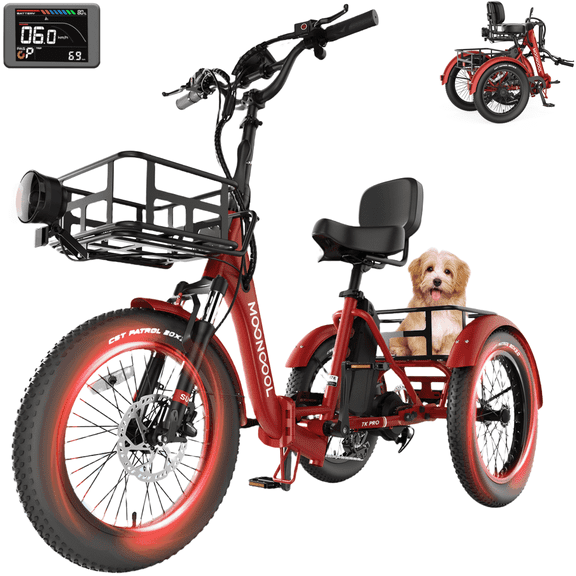 MOONCOOL 750W Foldable Electric Mountain Tricycle for Adult, 6 Speed 20x3.0 In Fat Tire 3Wheel Electric Bike, 48V Removable Battery, Motorized Trike w/Front & Rear Basket, Certified to UL 2849 by SGS