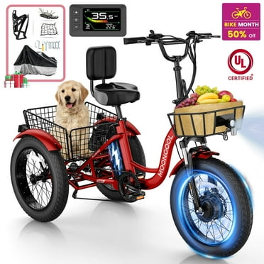 MOONCOOL 750W Motor Electric Tricycle for Adults, 7 Speed 20 x 4.0 Inch Fat Tire 3 Wheel Electric Bike, 48V Removable Battery, Aluminum Frame Motorized Trike with Carry Cargo Front & Rear Basket