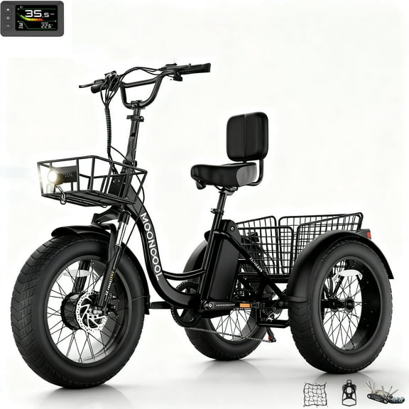 MOONCOOL All-Terrain Electric Tricycle for Adults, 1100w Motor 48V 14.5Ah UL2849 Battery,7-Speed 20" x 4.0" Fat Tire 3 Wheel Electric Bike W/ 40L Waterproof Rack Bag, 60 miles