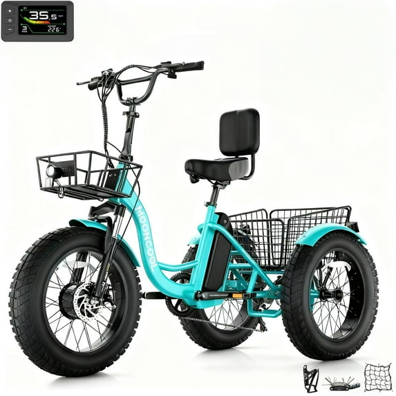 MOONCOOL All-Terrain Electric Tricycle for Adults, 1100w Motor 48V 14.5Ah UL2849 Battery,7-Speed 20" x 4.0" Fat Tire 3 Wheel Electric Bike W/ 40L Waterproof Rack Bag, 60 miles