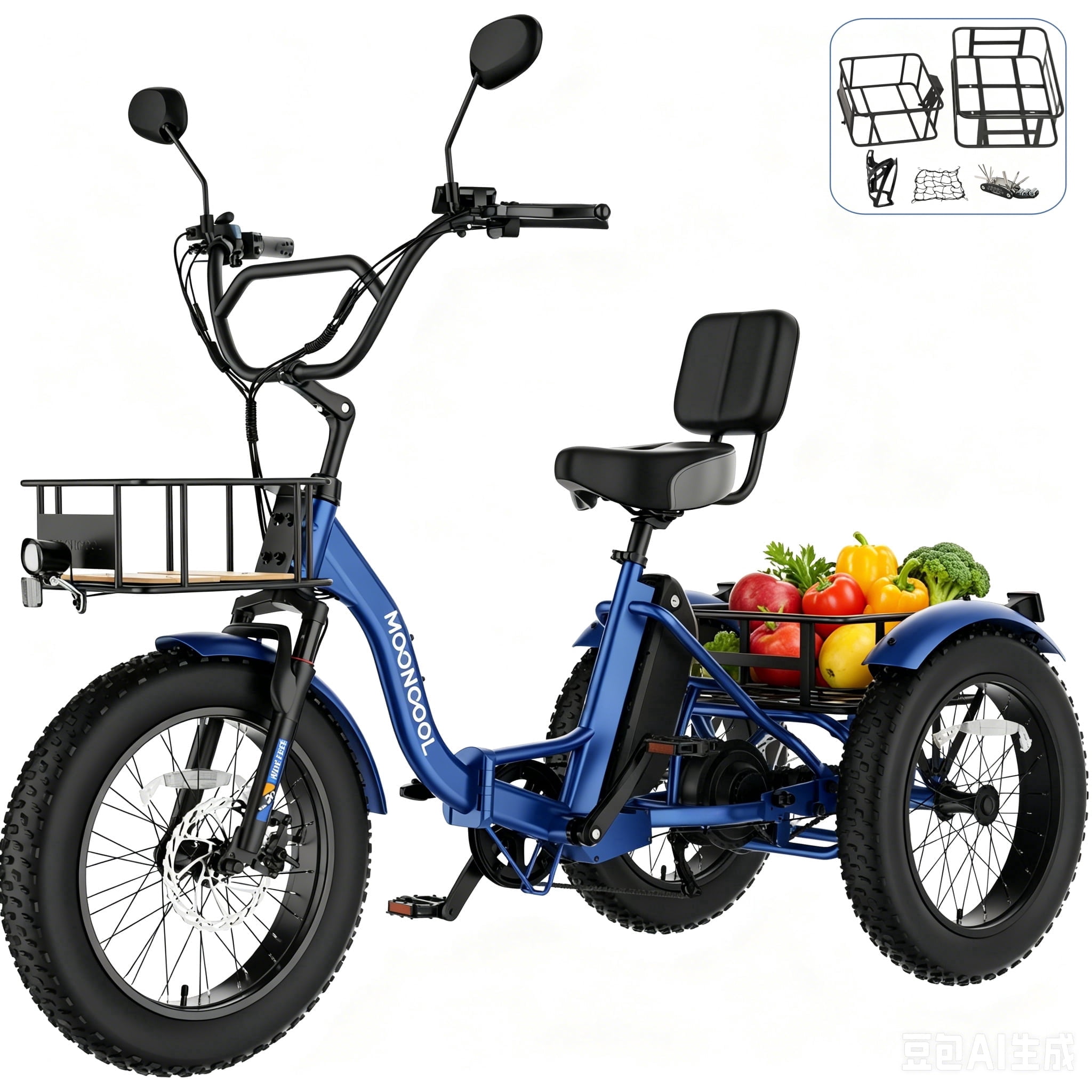 MOONCOOL All-Terrain Folding Electric Tricycle for Adults, 1100w Motor 48V 14.5Ah Battery,7-Speed 20" x 4.0" Fat Tire 3 Wheel Electric Bike , 25-60 miles