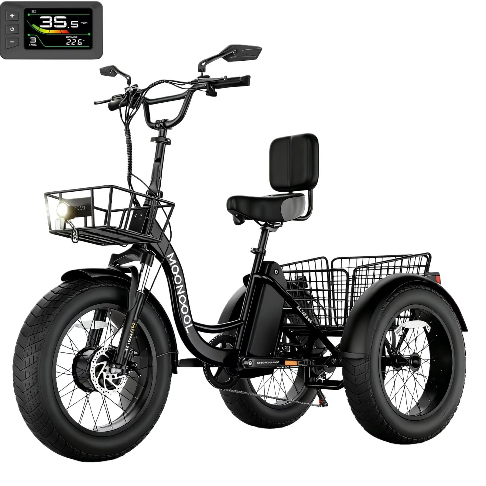 The Coupon deal of  Walmart Black Friday Deals 2025 - MOONCOOL All-Terrain Electric Tricycle for Adults, 1100w Motor 48V 14.5Ah UL2849 Battery,7-Speed 20" x 4.0" Fat Tire 3 Wheel Electric Bike W/ Rearview Mirror Kit, 60 miles