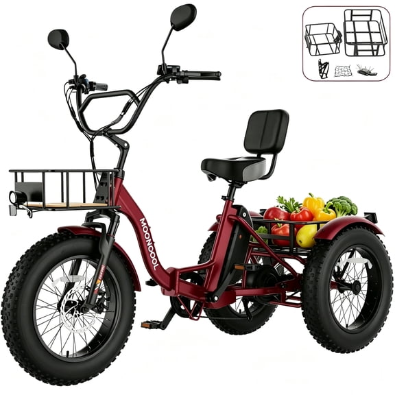 MOONCOOL All-Terrain Folding Electric Tricycle for Adults, 1100w Motor 48V 14.5Ah Battery,7-Speed 20" x 4.0" Fat Tire 3 Wheel Electric Bike , 25-60 miles
