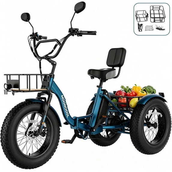 MOONCOOL All-Terrain Folding Electric Tricycle for Adults, 1100w Motor 48V 14.5Ah Battery,7-Speed 20" x 4.0" Fat Tire 3 Wheel Electric Bike , 25-60 miles
