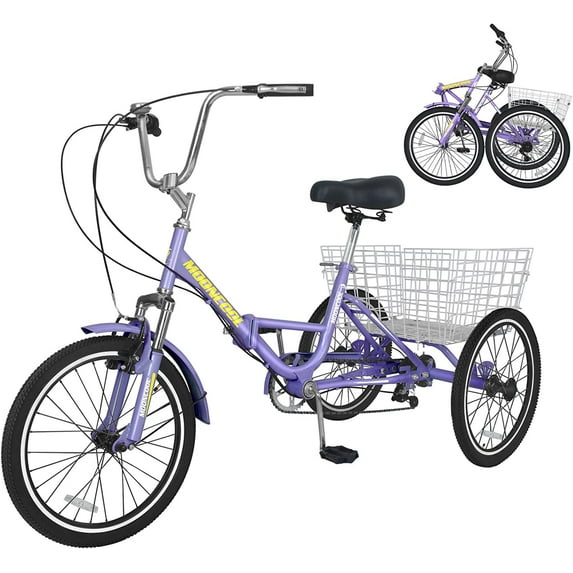 MOONCOOL Adult Folding Tricycle 7-Speed, 20/24/26-Inch Three Wheel Cruiser Bike with Cargo Basket, Foldable Tricycle for Adults, Women, Men, Seniors, Teenagers