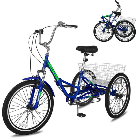MOONCOOL Adult Folding Tricycle, 7 Speed 20/24/26 inch Adult Tricycles, Three Wheel Bike Cruiser Trike with Large Basket