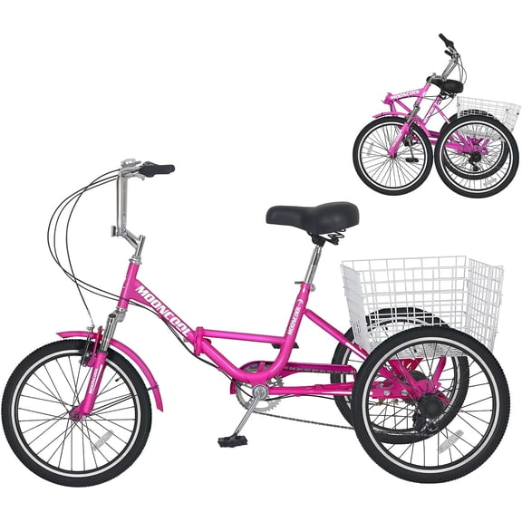 MOONCOOL Adult Folding Tricycle, 7 Speed 20/24/26 inch Adult Tricycles, Three Wheel Bike Cruiser Trike with Large Basket