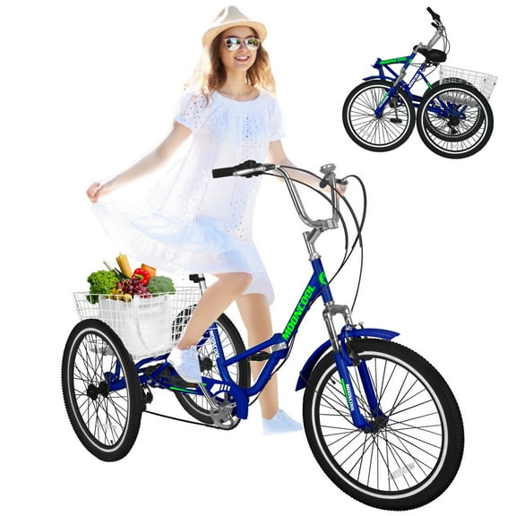 MOONCOOL Adult Folding Tricycle 7-Speed, 24 Inch 3 Wheels Cruiser Bike with Basket, Foldable Tricycle for Women, Men, Seniors