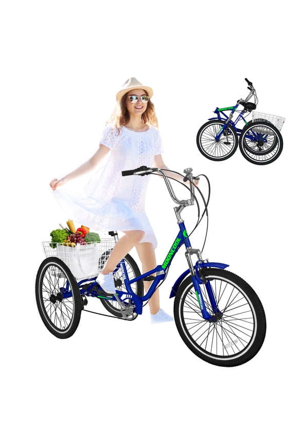 Adult Folding Tricycle 7-Speed, 24 Inch 3 Wheels Cruiser Bike with Basket, Foldable Tricycle for Women, Men, Seniors