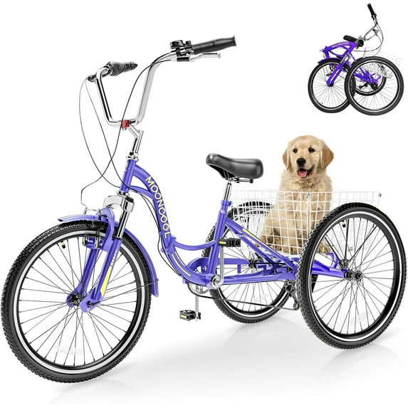 MOONCOOL Adult Folding Tricycles, 7 Speed Folding Adult Trikes, 20/24/26 inch 3 Wheels Bikes with Large Basket, Foldable Tricycle for Women, Men, Seniors