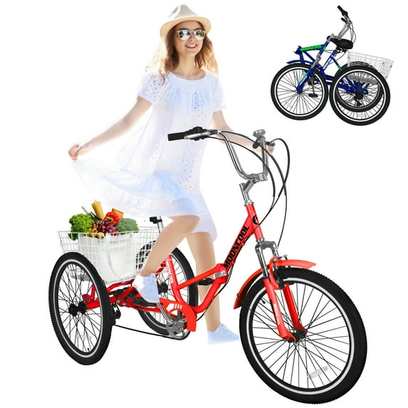 MOONCOOL Adult Tricycle 7 Speed, 24 inch Folding/Not Folding Three Wheel Bikes Cruise Trike for Seniors, Adults, Cargo Basket, Multiple Colors