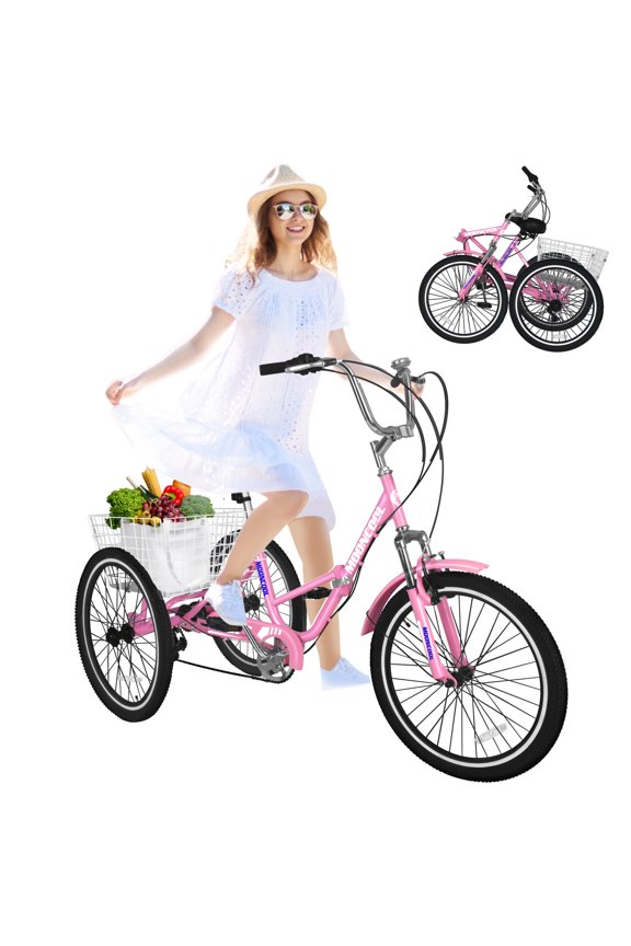 Adult Tricycle 7 Speed, 24 inch Folding/Not Folding Three Wheel Bikes Cruise Trike for Seniors, Adults, Cargo Basket, Multiple Colors
