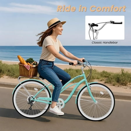 MOONCOOL 24/26 Inch 7 Speed Beach Cruiser Bike for Adults, Retro Step-Through Comfort Bicycle with Soft Foam Saddle, V-Brakes, Rear Rack & Fenders – Classic Cruiser for Women and Men