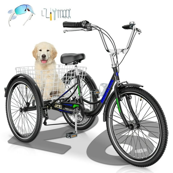 MOONCOOL Adult Tricycles 7 Speed, Adult Trikes 24 / 26 inch 3 Wheel Bikes, Three-Wheeled Bicycles Cruise Trike with Shopping Basket for Seniors, Women, Men