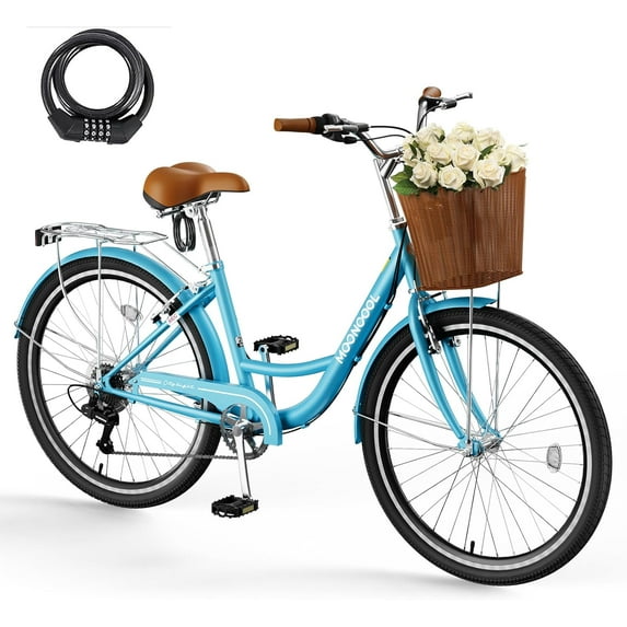 MOONCOOL 7 Speed Beach Cruiser Bike for Adults, 24 26 inch Womens Bike Commute Bicycle, Cruiser Bike with Basket & Rack, Retro Step Through City Bikes w/ Lock
