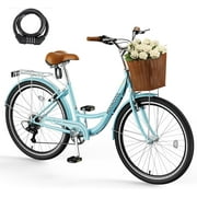 MOONCOOL 7 Speed Beach Cruiser Bike for Adults, 24 26 inch Womens Bike Commute Bicycle, Cruiser Bike with Basket & Rack, Retro Step Through City Bikes w/ Lock