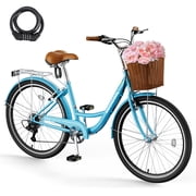 MOONCOOL 24/26 Inch Cruiser Bike for Women, 7 Speed Step-Through Bicycle with Basket, Rear Rack & Lock, Retro City Bike for Adults