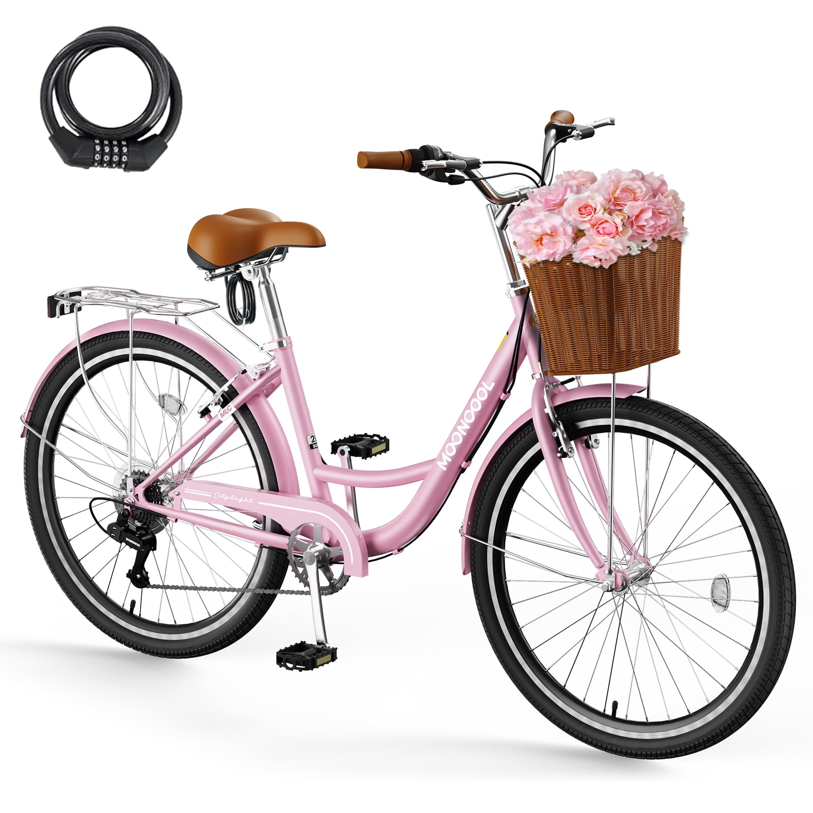 MOONCOOL 24/26 Inch Cruiser Bike for Women, 7 Speed Step