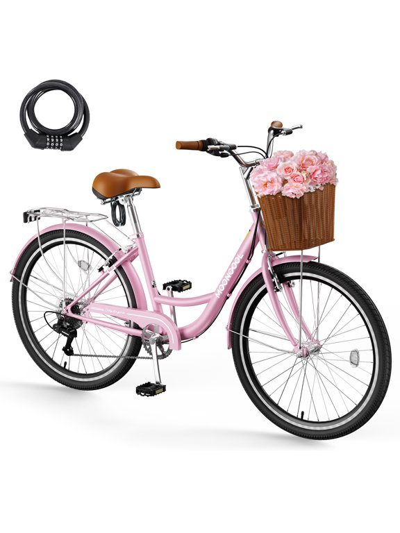 24/26 Inch Cruiser Bike for Women, 7 Speed Step-Through Bicycle with Basket, Rear Rack & Lock, Retro City Bike for Adults
