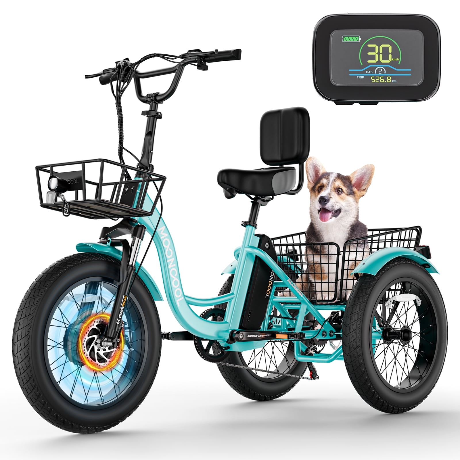 MOONCOOL 3 Wheel E Bike 20 x4.0 Fat Tire 7 Speed 750W Motor Front Rear Basket Walmart