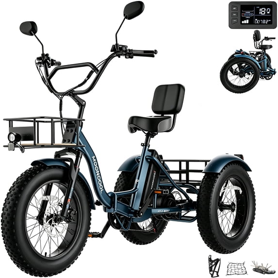 MOONCOOL Adult Folding Electric Tricycle , 20" x 4" Fat Tire, 48V 500W Motor w/ 1092W Peak Power Electric Bicycle, 7 Speed Ebike w/ 14.5Ah UL2849 (By SGS) Battery,60 Miles, 15.5 MPH,Class 2