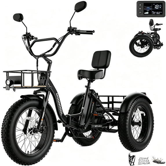 MOONCOOL Adult Folding Electric Tricycle , 20" x 4" Fat Tire, 48V 500W Motor w/ 1092W Peak Power Electric Bicycle, 7 Speed Ebike w/ 14.5Ah UL2849 (By SGS) Battery,60 Miles, 15.5 MPH,Class 2