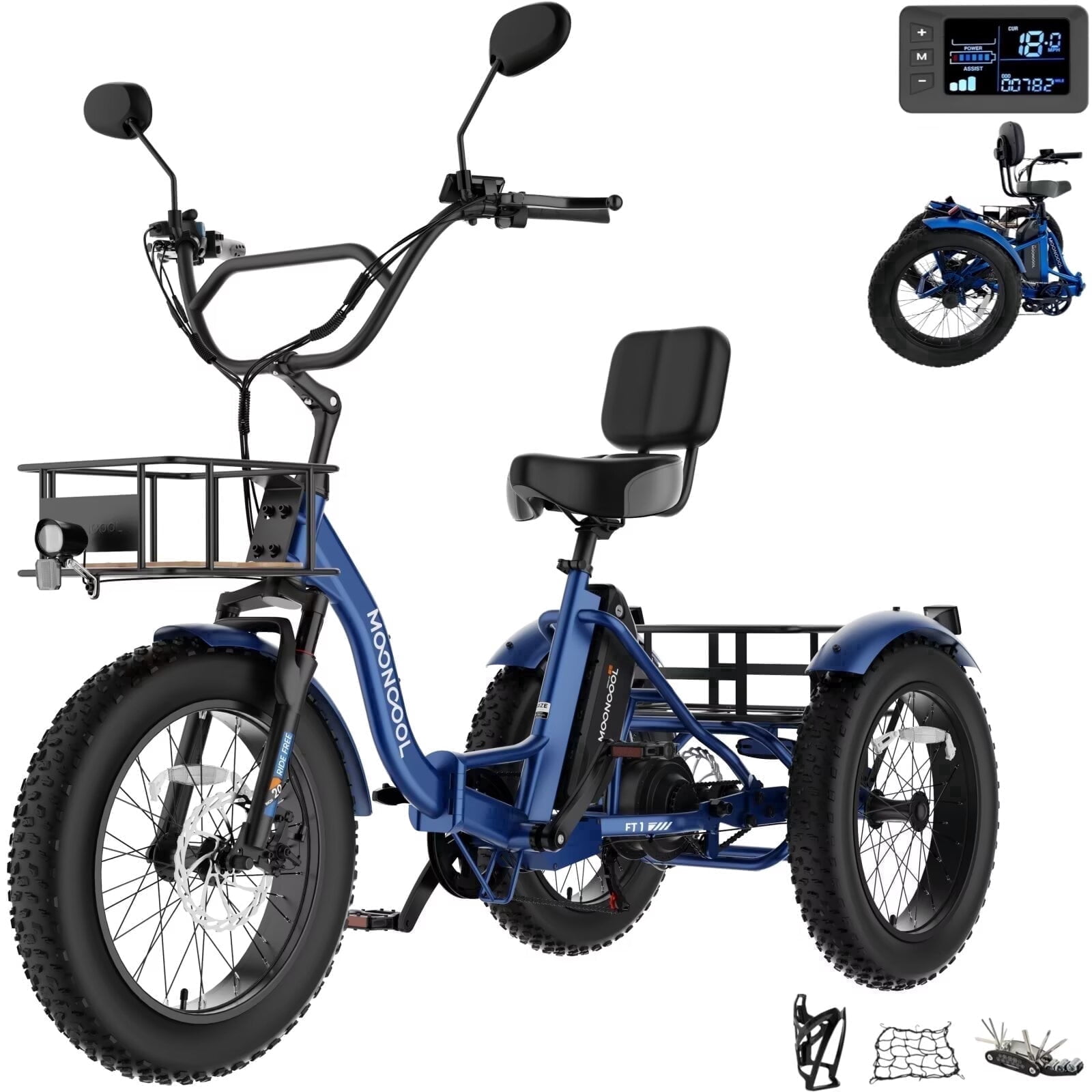 MOONCOOL Folding Electric Tricycle for Adults, 20" x 4" Fat Tire Electric Trike, 48V Peak 1092W  Electric Bicycle, 3 Wheels 7 Speed Ebike w/ 14.5Ah Removable Battery& Speed Differential Mechanism