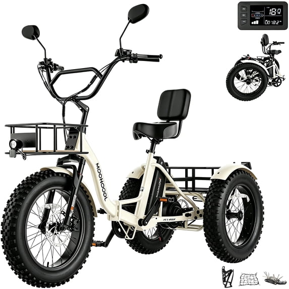 MOONCOOL Adult Folding Electric Tricycle , 20" x 4" Fat Tire, 48V 500W Motor w/ 1092W Peak Power Electric Bicycle, 7 Speed Ebike w/ 14.5Ah UL2849 (By SGS) Battery,60 Miles, 15.5 MPH,Class 2