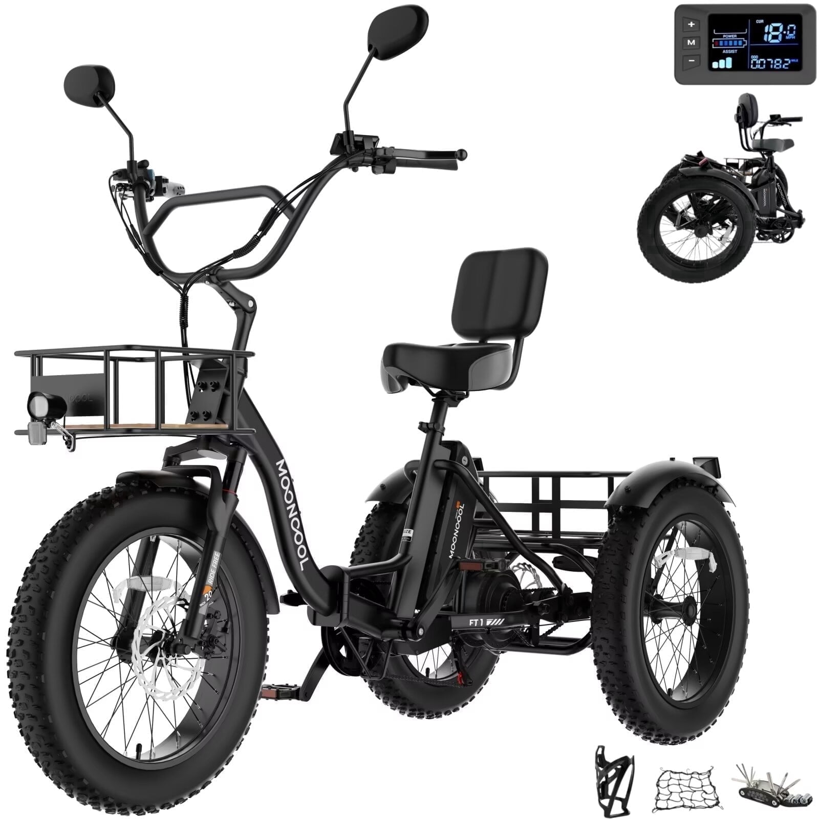 MOONCOOL Folding Electric Tricycle for Adults, 20" x 4" Fat Tire Electric Trike, 48V Peak 1092W  Electric Bicycle, 3 Wheels 7 Speed Ebike w/ 14.5Ah Removable Battery& Speed Differential Mechanism