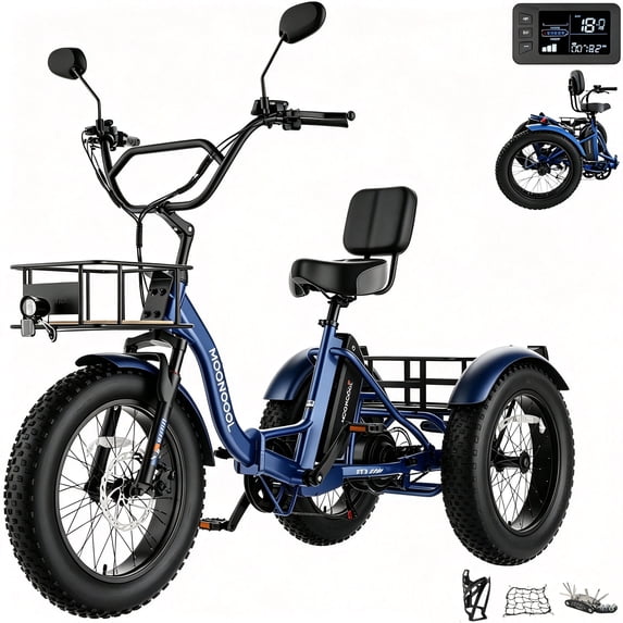 MOONCOOL Adult Folding Electric Tricycle , 20" x 4" Fat Tire, 48V 500W Motor w/ 1092W Peak Power Electric Bicycle, 7 Speed Ebike w/ 14.5Ah UL2849 (By SGS) Battery,60 Miles, 15.5 MPH,Class 2