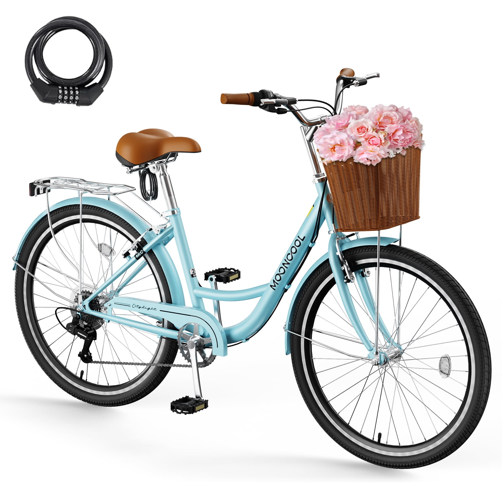 MOONCOOL 24/26 Inch Cruiser Bike for Women, 7 Speed Step-Through Bicycle with Basket, Rear Rack & Lock, Retro City Bike for Adults